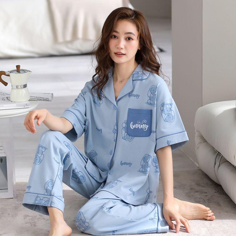 Pajamas women's summer cotton short-sleeved trousers cardigan sweet high-value loungewear set