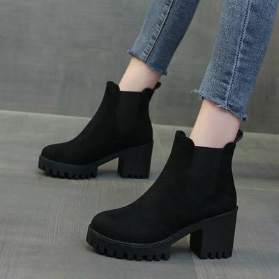 Herbst Damen Wildleder Klobiger Absatz Chelsea Boots 2024 Winter Neu Slip-on Plateauschuhe für Damen Kleid Büro Damen Stiefeletten