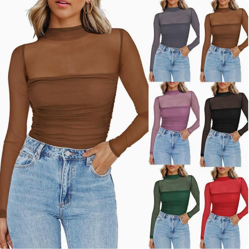 2025 New Women's Half Turtleneck Perspective Long-sleeved T-shirt Y2K Mesh Top