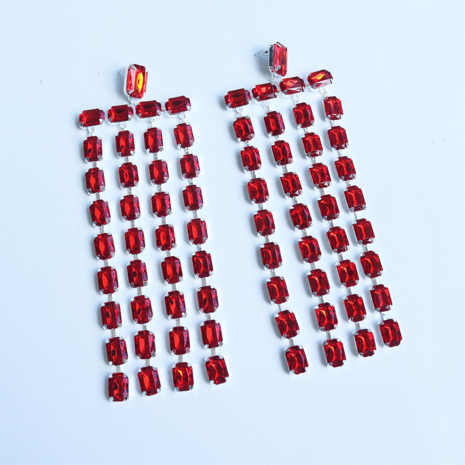 

New Large Earrings, Banquet Super Flash Fringed Earrings For Women, Exaggerated Personality Large Rhinestone Earrings. красный