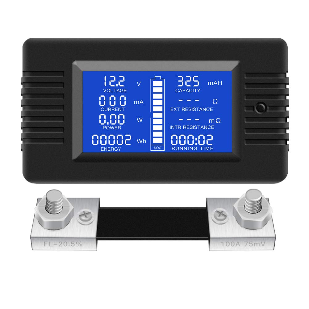 DC 0-200V 0-300A Battery Monitor Meter with Shunt, 9-in-1 Digital LCD Multimeter for 12V/24V/48V Solar System, RV, Car. Measures Voltage, Current,