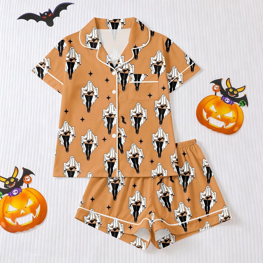 Women's Halloween Pajama Set with Short Sleeve Button Down Shirt and Shorts