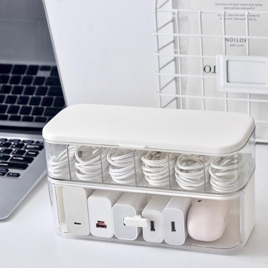 Stackable Cable Organizer Storage Box Double-Layer Plastic Storage Case with Lid Wire Management Box with Drawer for Cords Chargers Jewelry Hair Ties