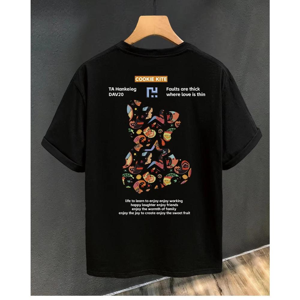 

Summer Fashion Heavyweight Men s English Letter 100% Cotton Bear Print Round Neck High Quality Casual Fitness T-shirt XXXXXL чёрный