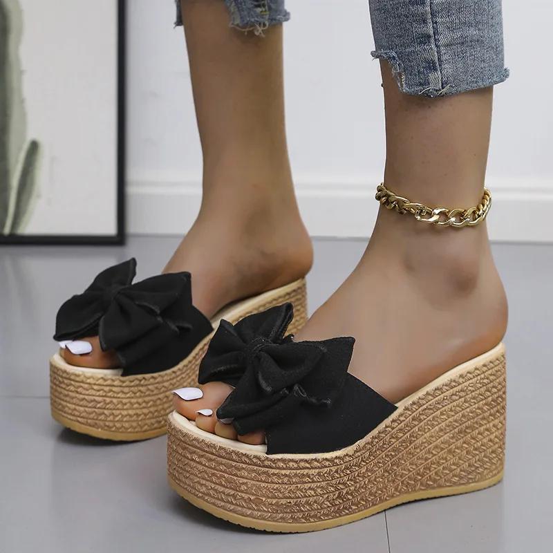 Fashion 2025 Women Slippers Fashion Pee Toe Summer Footwear Luxury Butterfly-knot High Heels Slides Platform Wedges Ladies Shoes Round
