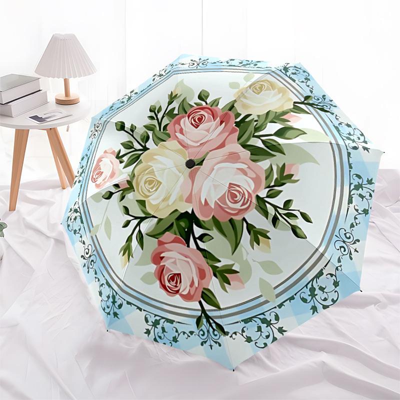 1pc Roses Floral Pattern Automatic Folding Umbrella - 8-Rib Durable Iron Frame, Compact Portable for Daily Travel Yy251205075
