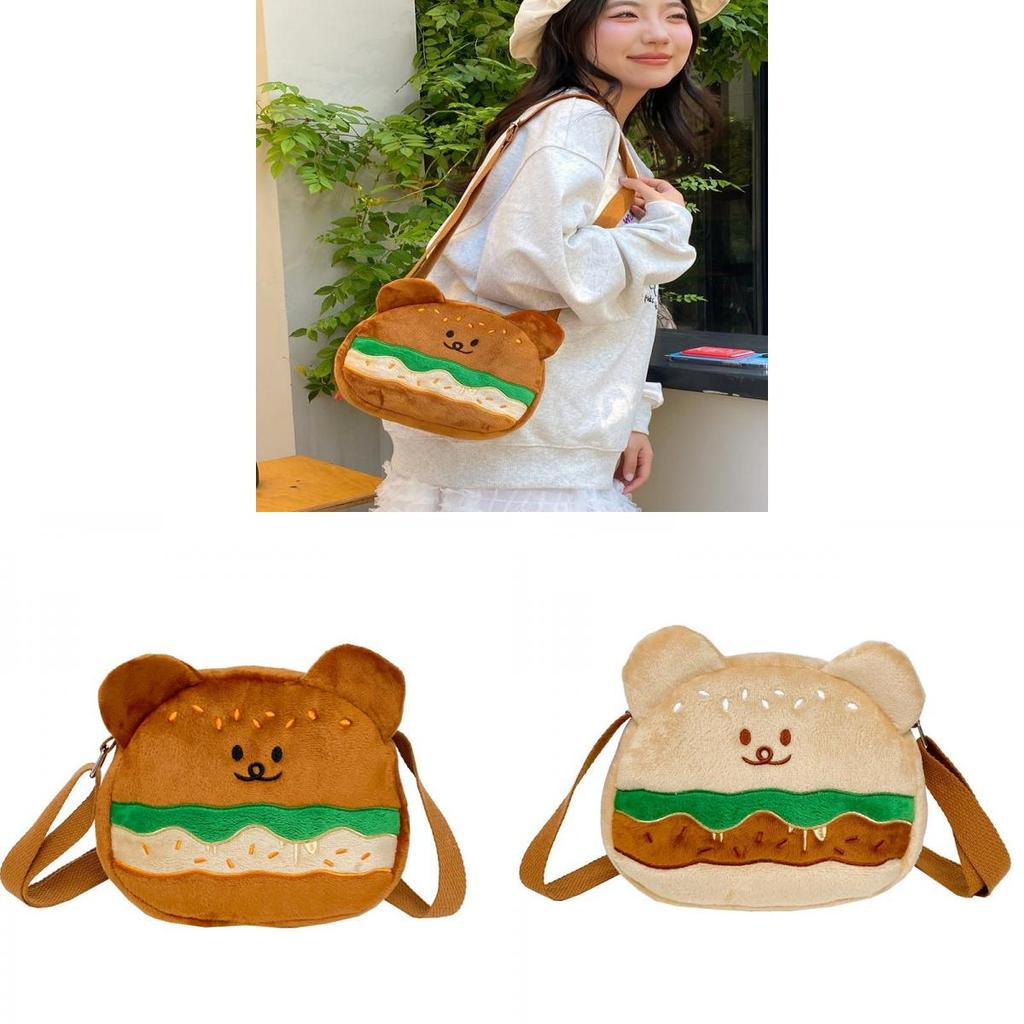 Soft Velvet Hamburger Bear Crossbody Bag With Embroidery For Daily Use