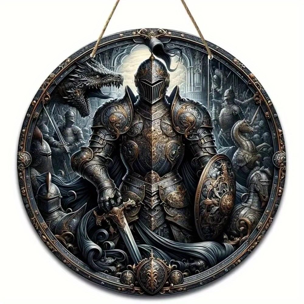 

1шт 2d Плоский Вінтажний Середньовічний Лицар Мистецтво Знак - 20см Круглий Дерев яний, Бар Кафе Веранда Вітальня Спальня Домашній Декор, Сільський Стиль Креативний Настінний Декор 20cm*20cm