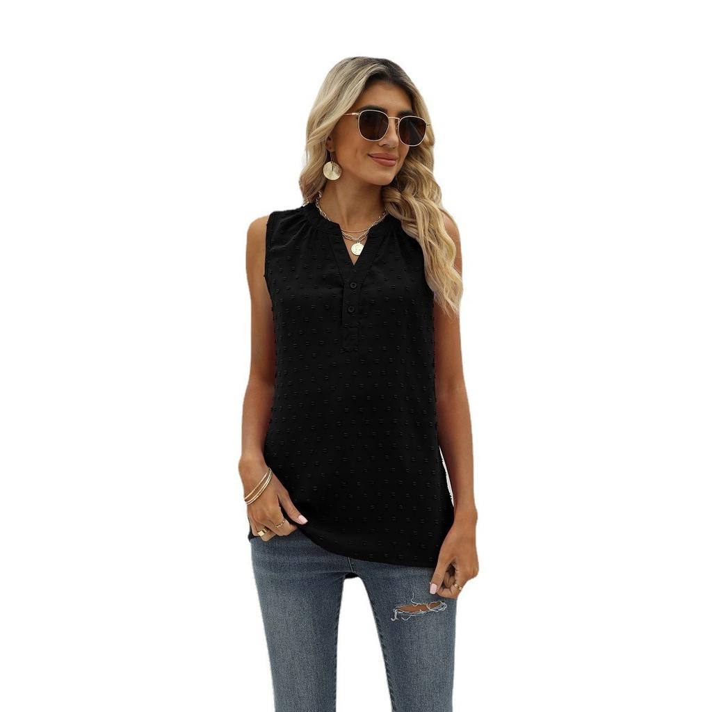 Summer Women's Solid Color Chiffon Loose V-Neck Jacquard Sleeveless Casual Vest Top for Crossborder European American