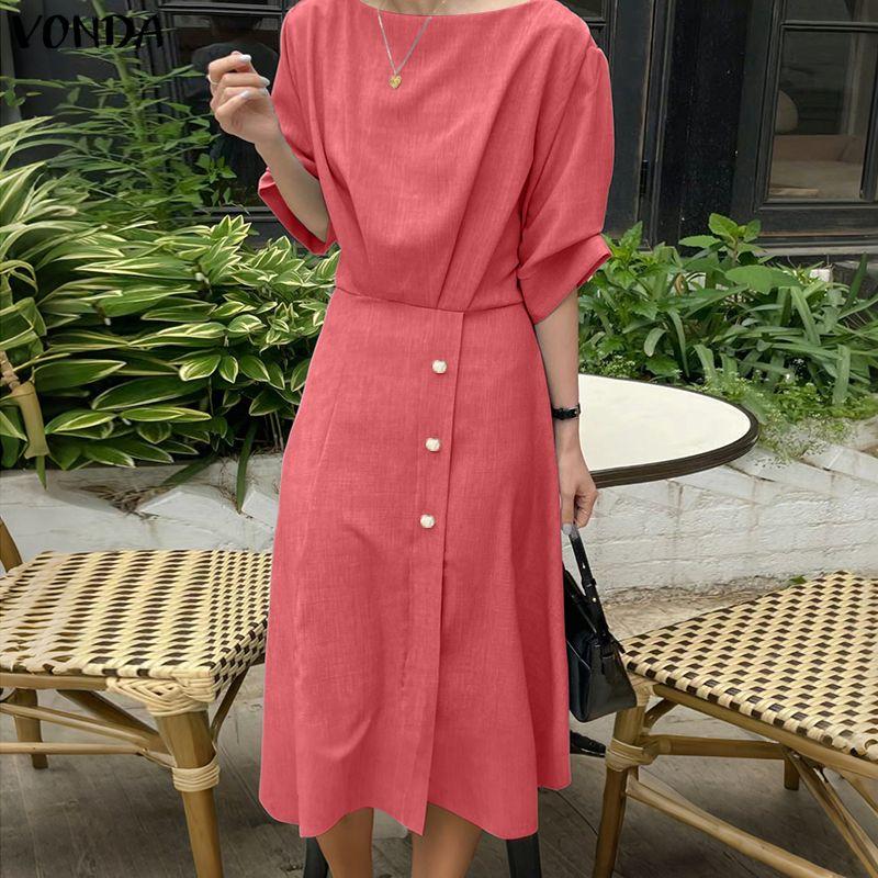 VONDA Women Elegant Casual Scoop Neck 3/4 Sleeve Long A-line Dress