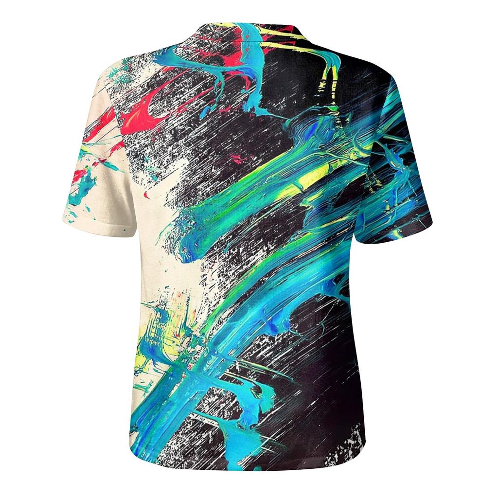 Women's Short Sleeve Trendy Printed Shirt Cotton Linen Lightweight Comfortable Button Placket Casual Summer Blouse Top