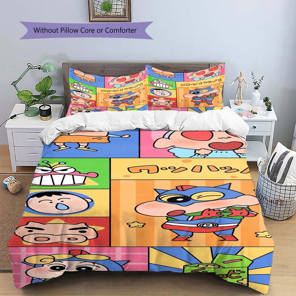 Anime Crayonshinchan Pattern Bedding Set Quilt Cover Pillowcase Home Decor Gift (1 * Duvet Cover + 2 * Pillowcase, Without Core)