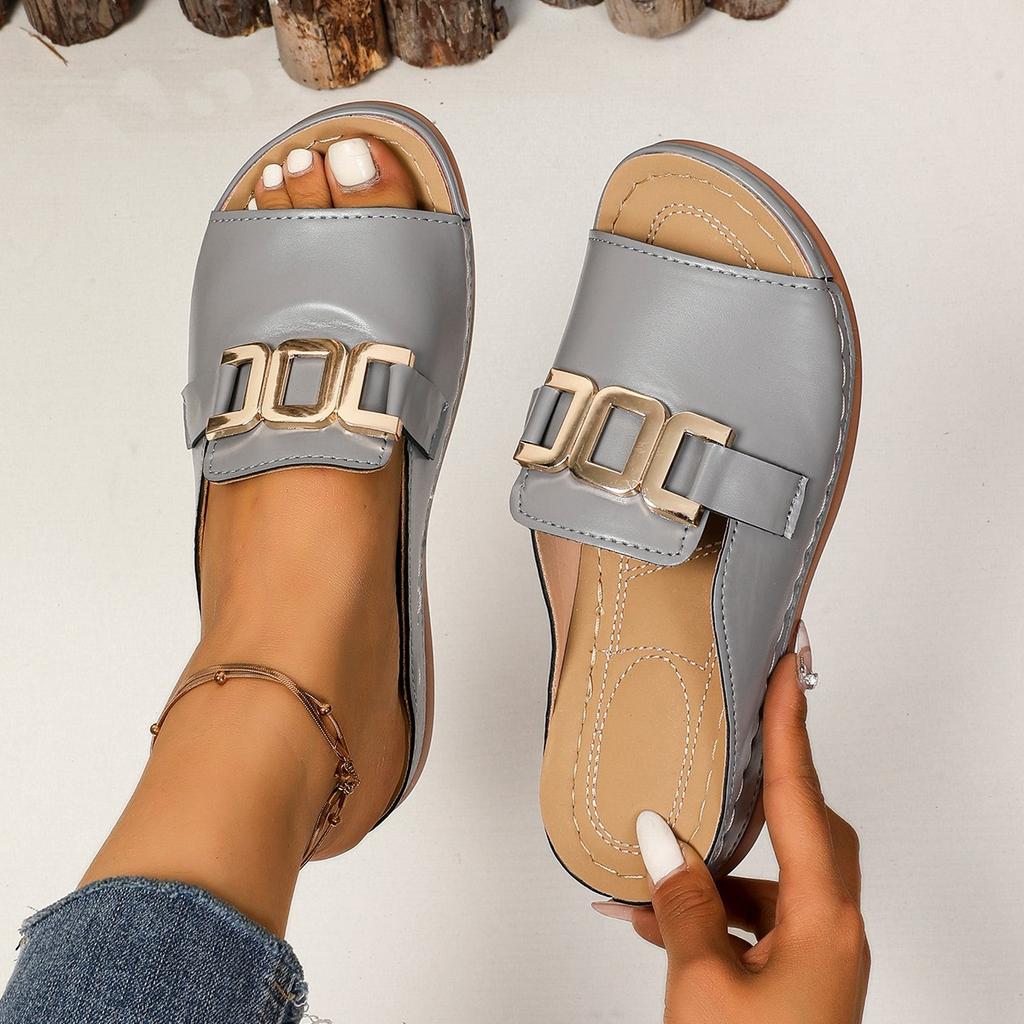 Foreign Trade Slope Heel Platform Slippers Women's 2025 New Large Size Casual Fashion Simple Metal Buckle Fish Mouth Sandals
