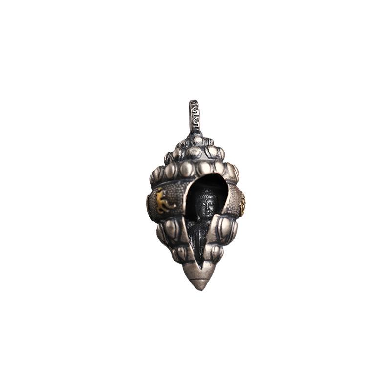 Retro Wenge Pendant: Auspicious Eight Treasures Conch with Six-Character Mantra. Buddha Ethnic Style Ornament for Men and Women.