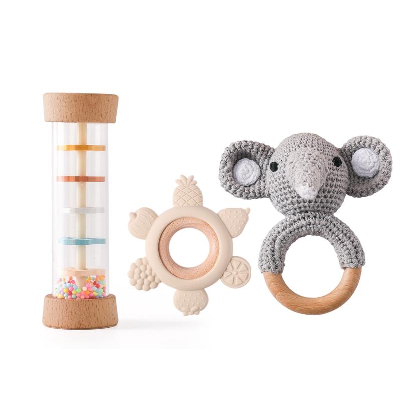 3pcs Rain Stick Rainbow Hourglass Rattle Toys Set BPA Free Silicone Soothing Toys Crochet Animal Wooden Bracelet Teether Toys