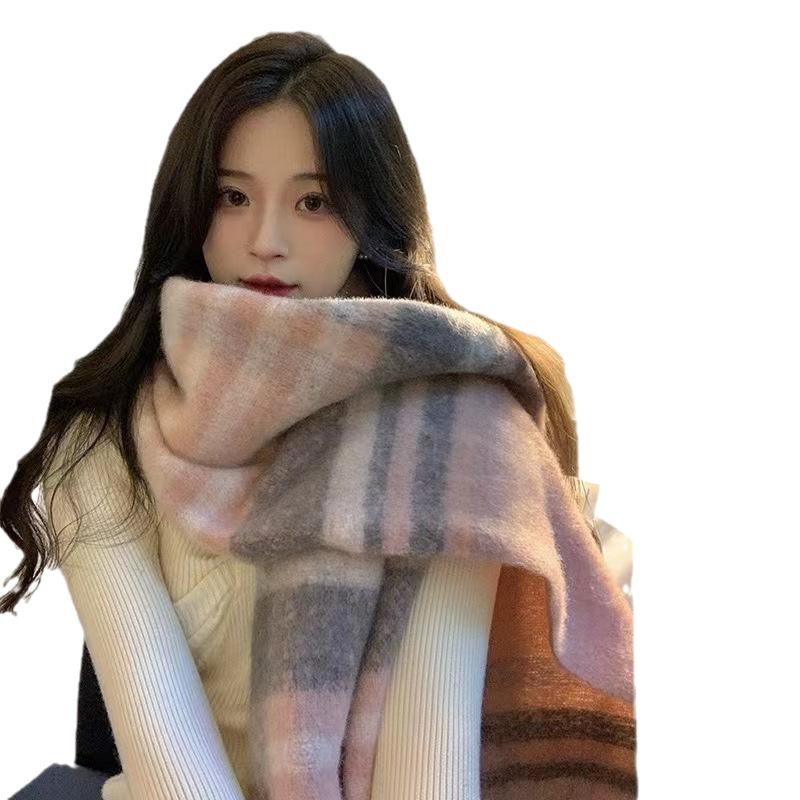 Winter Thickened Mohair Scarf for Women Rainbow Plaid Tassel Shawl Student Versatile Warm Scarf Trendy and Warm