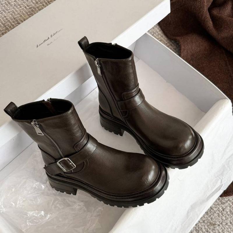 New leather black Martin boots side zipper thick-soled non-slip low boots versatile medium heel round head large size Martin boots