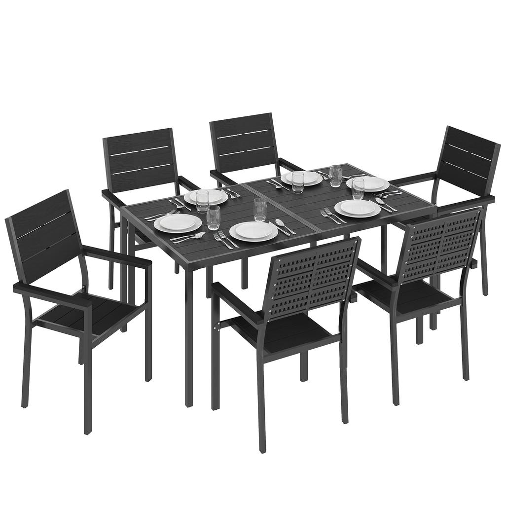 7 Pieces Outdoor Dining Set, Patio Table and Chairs for 6, Garden Dining Furniture Set with Slatted Tabletop