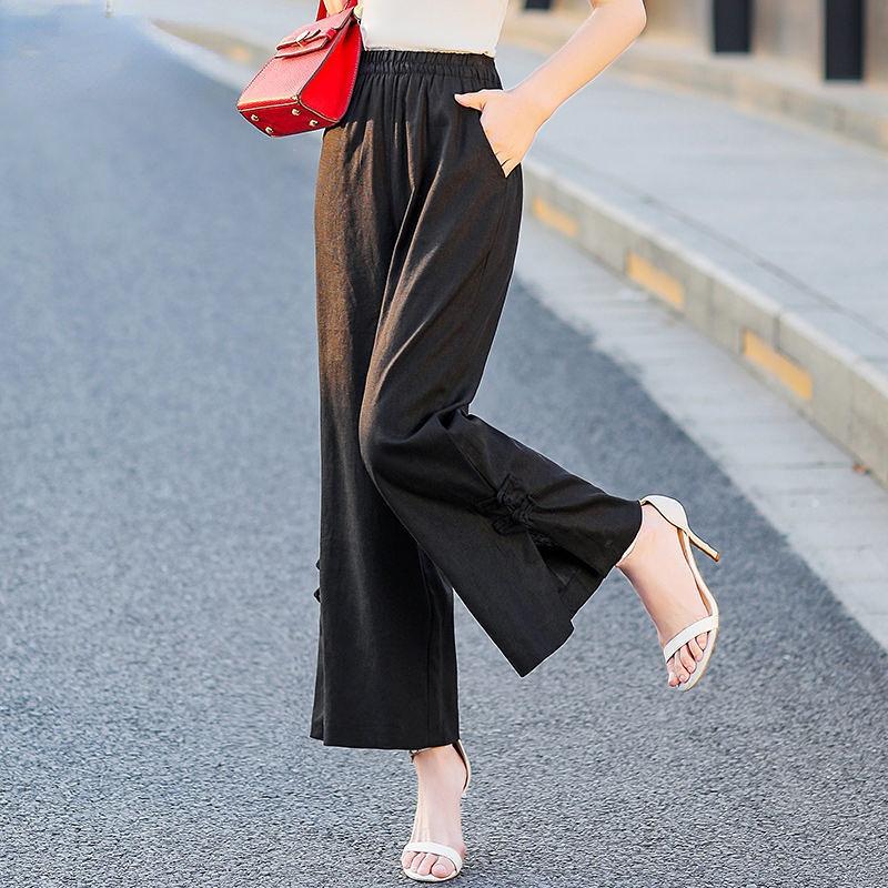 Korean Fashion Women Cotton Hemp Oversized Pants Spring Summer High Waist Solid Wide Leg Split Loose Straight Casual Trousers