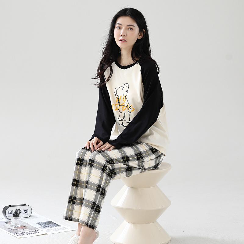 Cotton Pajamas Set Women Loose Fit Sleepwear Long Sleeve Two-Piece Loungewear Home Wear Comfortable Outfit Plus Size Options Breathable Fabric