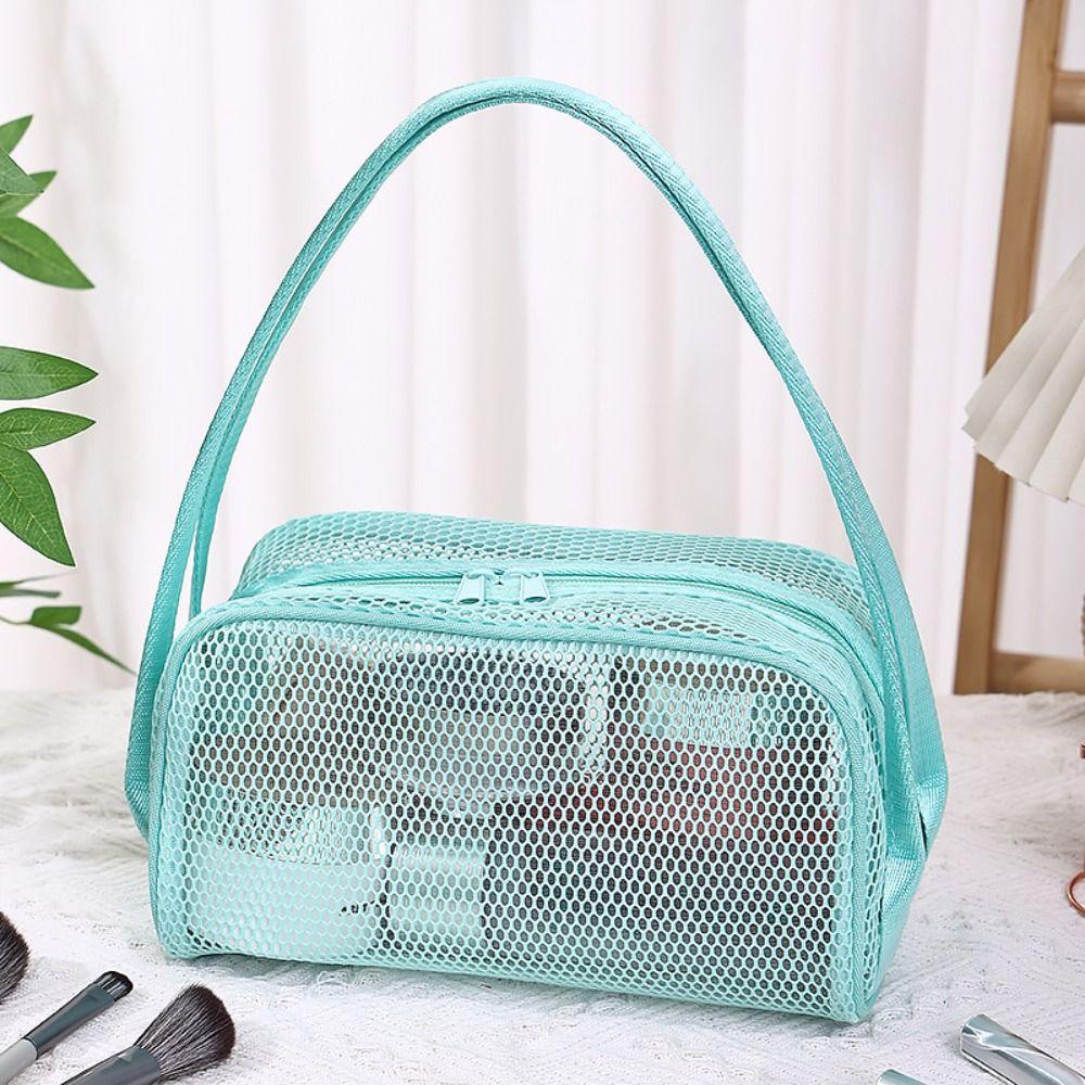 New with Handle Travel Makeup Bag Large Capacity Mesh Cosmetic Bag Polyester Lightweight Storage Bag
