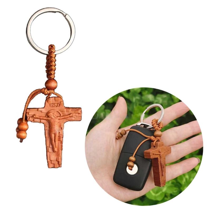 Wooden Jesus Cross Keyring Religious Keychain Charm Car Keyring Bag Pendant