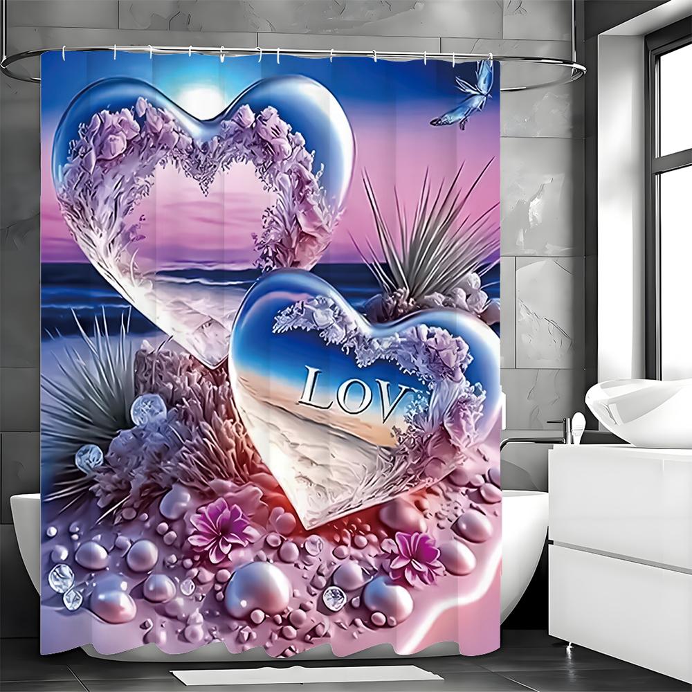 Pink Fantasy Beach Heart Gemstone Shower Curtain, Bathroom Decorative Shower Curtain, Waterproof Shower Curtain with Hooks
