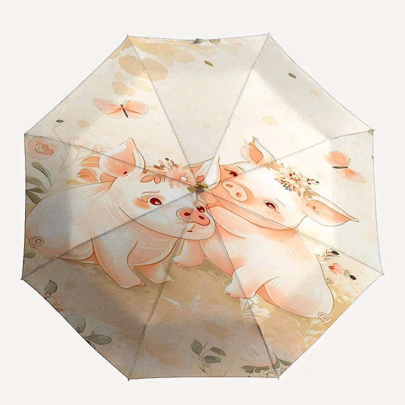 

1PC Piglets Flowers Umbrella-8-Rib Reinforced Portable Folding Travel Suitable for All Seasons Outdoor Daily , Fun Design-Z0401