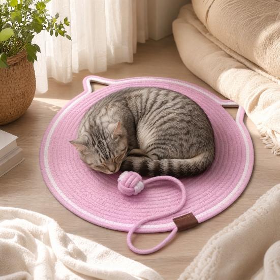 Cat Scratching Pad, Woven Cotton Rope Cat Scratcher with Bait Ball And Cute Ear Design, Indoor Cat Scratcher Mat for Furniture