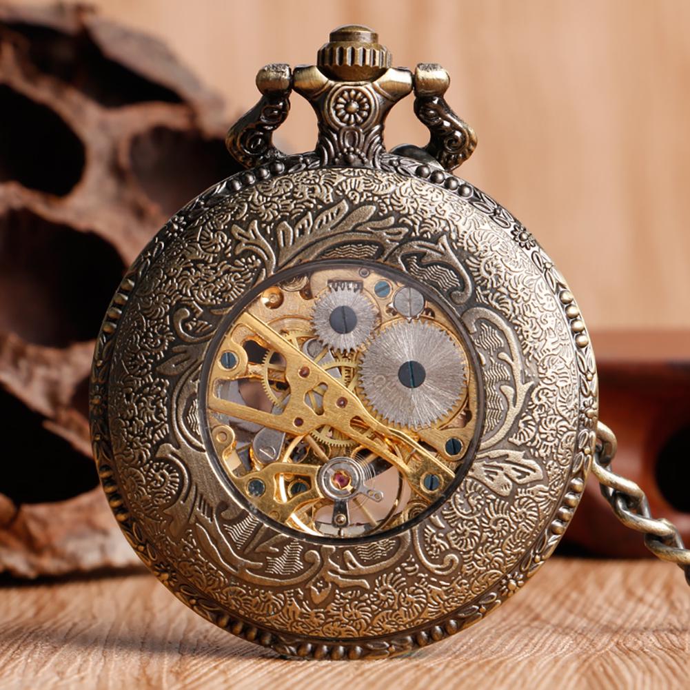 Sibosun Orologio Da Tasca Meccanico A Carica Manuale – Doppia Cassa In Bronzo Con Numeri Romani E Quadrante Scheletro – Catena Antica Inclusa – Regalo Unisex