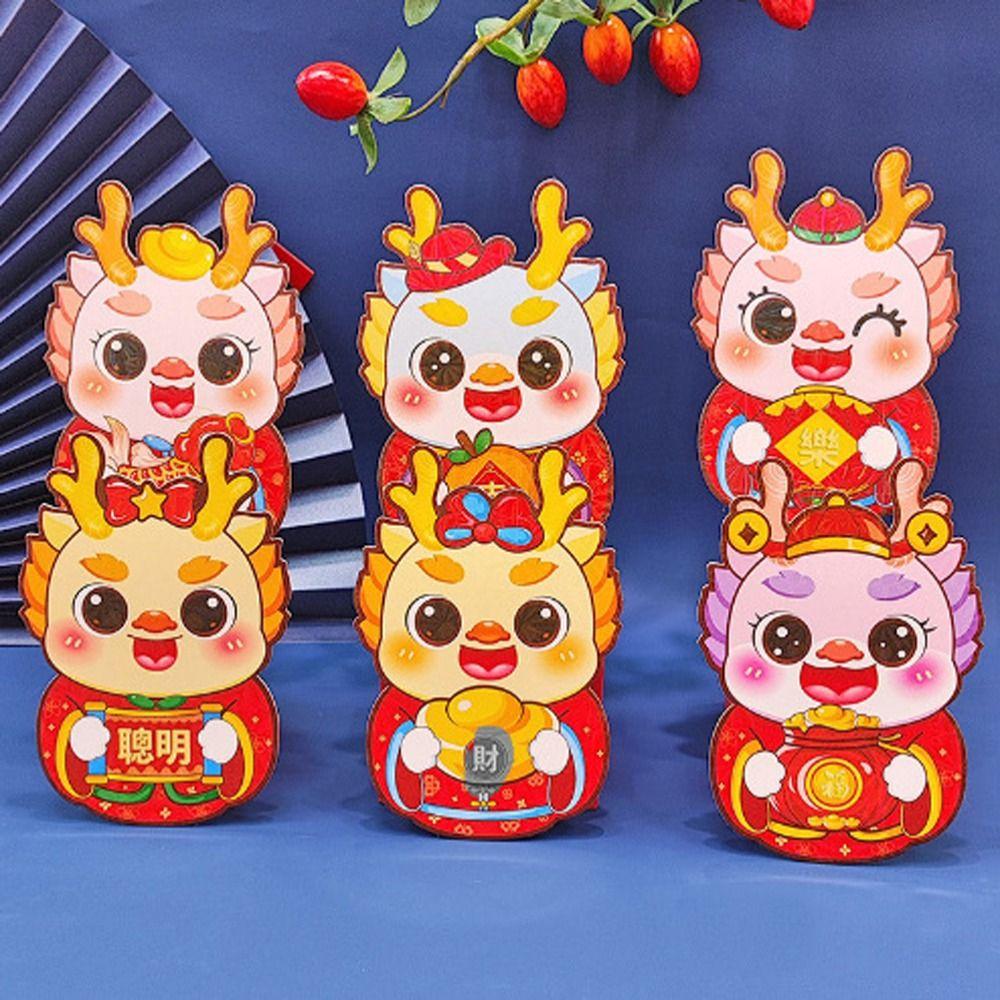 

6pcs/set 2024 New Year Red Envelopes Dragon HongBao New Year s Greetings Red Pocket Children Gifts E
