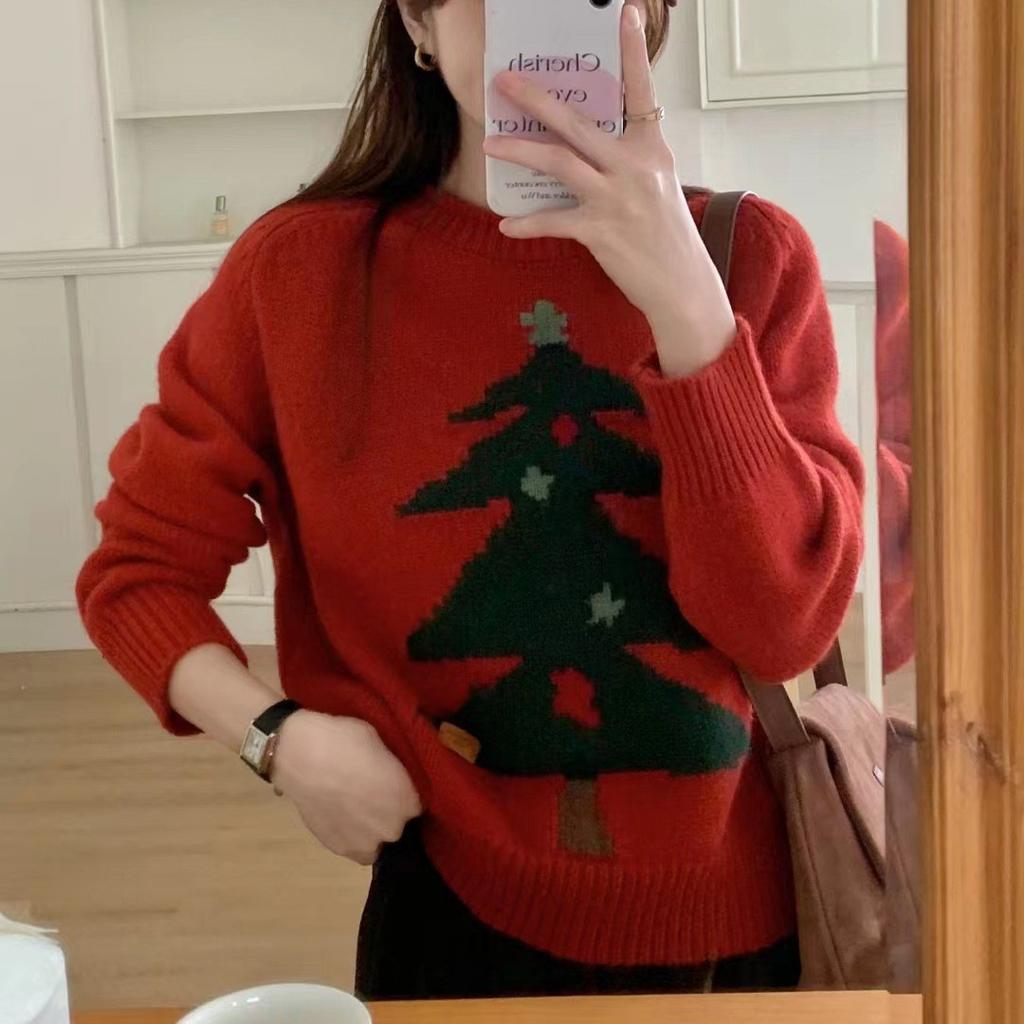 Autumn and Winter Sweet Atmosphere Knitted Sweater Fashion Retro Christmas Tree Jacquard Crew Neck Pullover Women Lazy