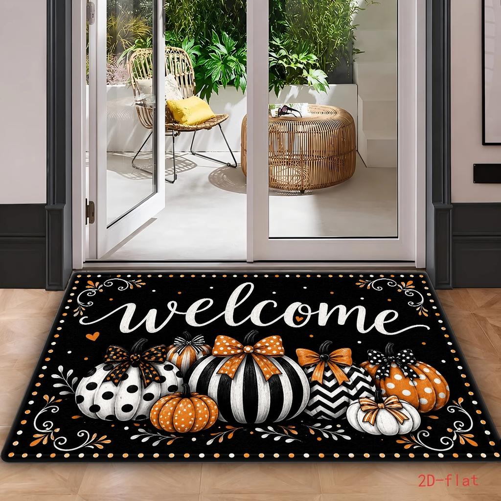 Pumpkin Welcome Bow Black White Orange Autumn Rug For Fall Entrance Seasonal Greeting Non Slip Indoor Floor Cover