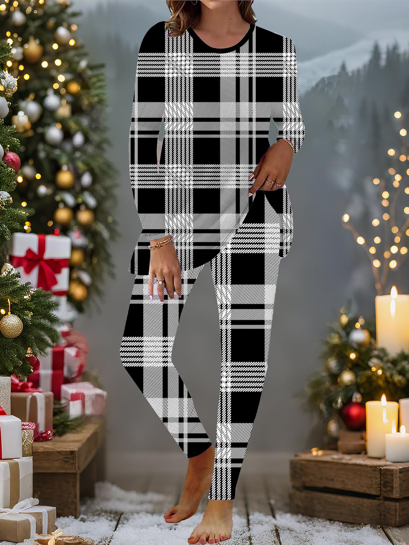 

Евро-американская мода 3D Рождественский принт Женский четырехсезонный комплект из двух предметов: футболка с длинным рукавом + длинные брюки. Идеальный подарок на Новый год и Рождество 8XL чёрный