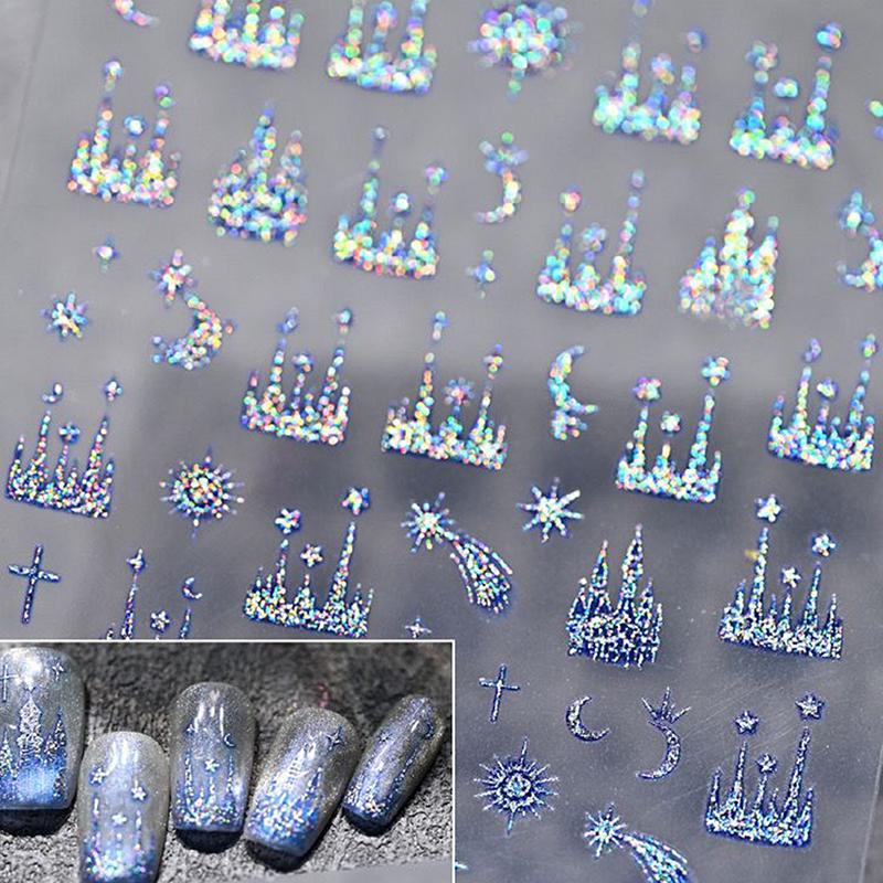 Embossed Nail Stickers Colorful Starry Sky Moon Castle Nail Decoration Decals Diy Self Adhesive Transfer Slider