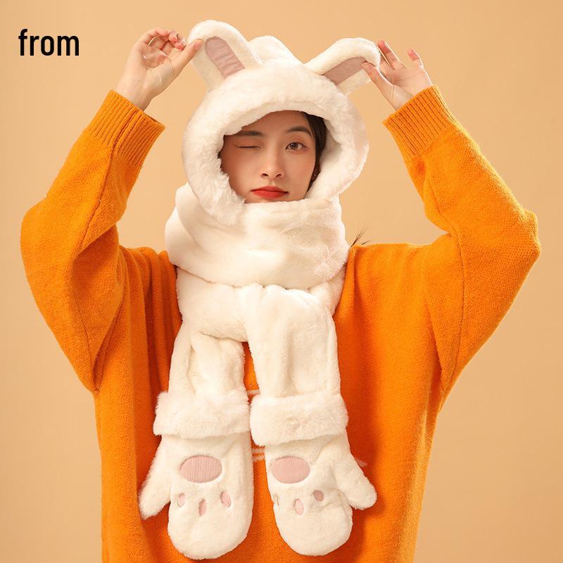 Women's Fleece-Lined Winter Hat & Scarf Three-Piece Set with Gloves and Hooded Rabbit Ears