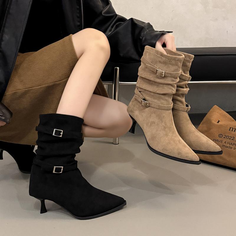 New Women's Pleated Women's Knee-high High Heels Ladies Pointed Knight Boots High Quality Knee High Boots Zapatos Mujer