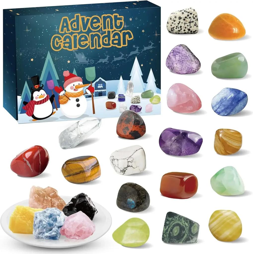 Christmas Advent Calendar Natural Crystal Gemstones Collection Box 24 Days Countdown Calendar Crystal Stone Gift Box for Kids