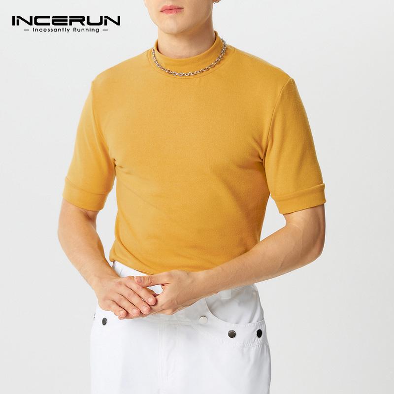 INCERUN Men High Neck Short Sleeve Fitted Casual Undershirts T-shirts Tops