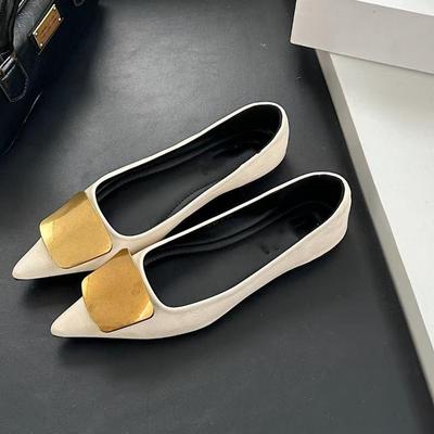 Metal Square Buckle Lady Small Single Shoes Autumn New Versatile Retro Thick Heel Pointed Soft Leather Flats