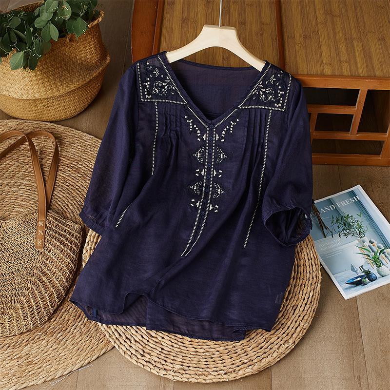 3363 Retro Embroidered V-Neck Lightweight Ramie Shirt - Solid Color Casual Summer Top for Women Large