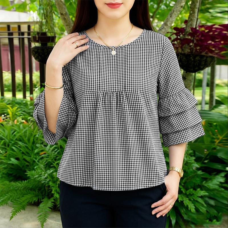 ZANZEA Women Casual Round Neck 3/4 Sleeve Loose Plaid Print Blouse S