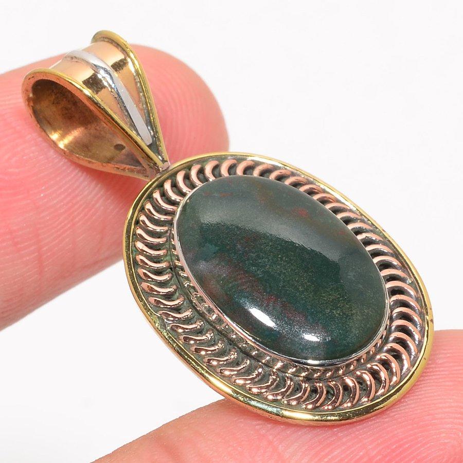 Natural Bloodstone Gemstone TwoTone 925 Solid Sterling Silver Pendant 1.50" v8v58