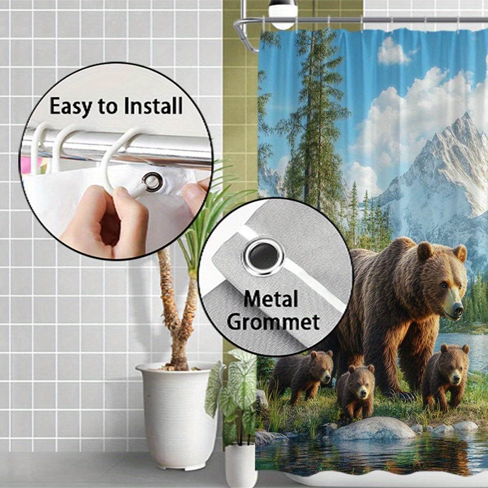 Bear Family Shower Curtain – Realistic Mountain Lake Scene, Waterproof Polyester, Nature-Inspired Bathroom Decor With 12 Hooks