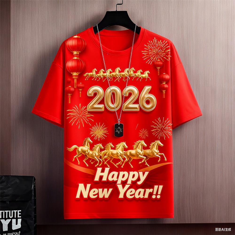 2026 Year of the Horse Fashion Red T-Shirt Men’s Extended Street Casual