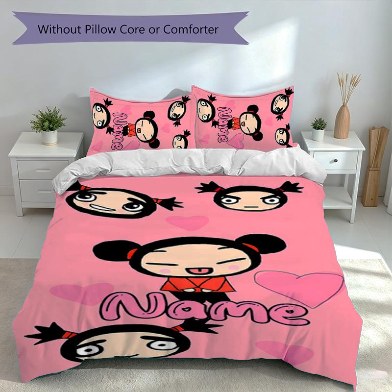 3pcs Custom Name Pucca Bedding Set,Includes 1 Duvet Cover and 2 Pillowcases,All-season Bedroom Decor