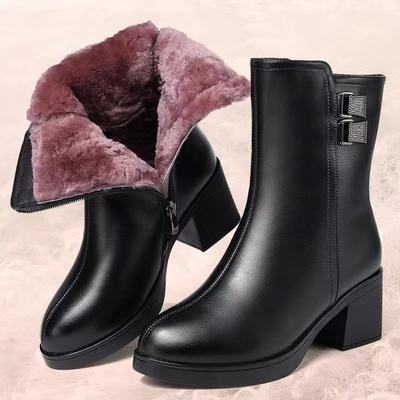 Exquisite Damen-Schnee-Stiefel mit hohen Absätzen, dickem Absatz, Seitenreißverschluss, runder Spitze, kurzen Stiefeln mit Baumwollwärme und lässigen, modernen Stiefeln