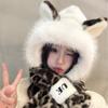 Thick Warm Lining Fox Ear Hat Scarf Faux Fur Plush Winter Scarf Hooded Scarf Set  Cold Weather