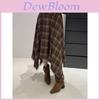 Womens Coffee Plaid Midi Skirt With Lace Patchwork For Elegant Casual Wear