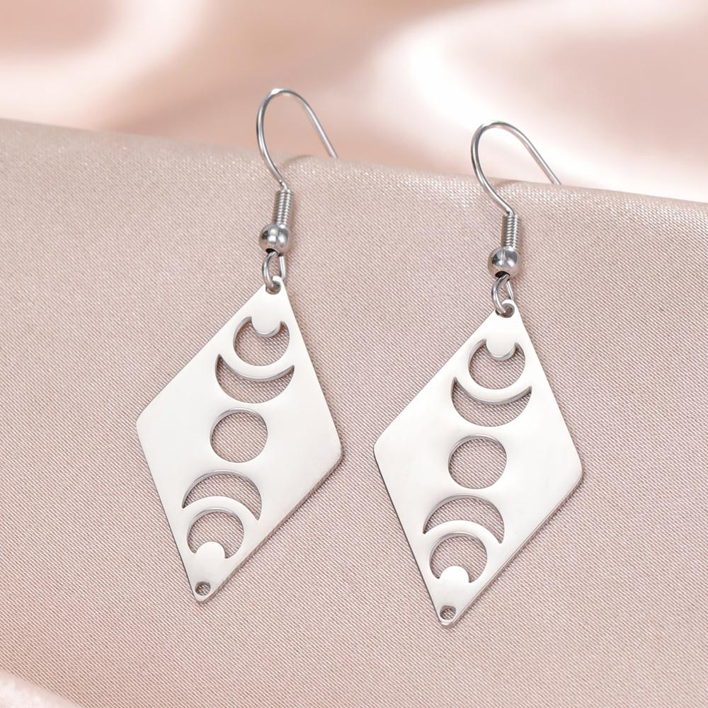 Dawapara Crescent Goddess Black Birthstone Stainless Steel Earrings Triple Moon Wicca Pentagram Gothic Drop Earrings